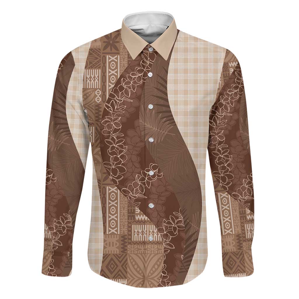 Polynesian Tribal Pattern Patchwork Picturesque Family Matching Off Shoulder Maxi Dress and Hawaiian Shirt Mocha