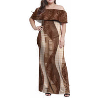 Polynesian Tribal Pattern Patchwork Picturesque Family Matching Off Shoulder Maxi Dress and Hawaiian Shirt Mocha