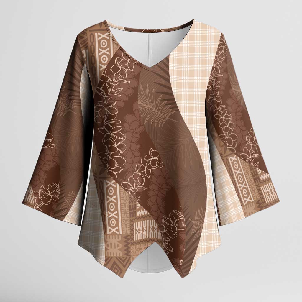 Polynesian Tribal Pattern Patchwork Picturesque Kimono Sleeve Blouse Mocha