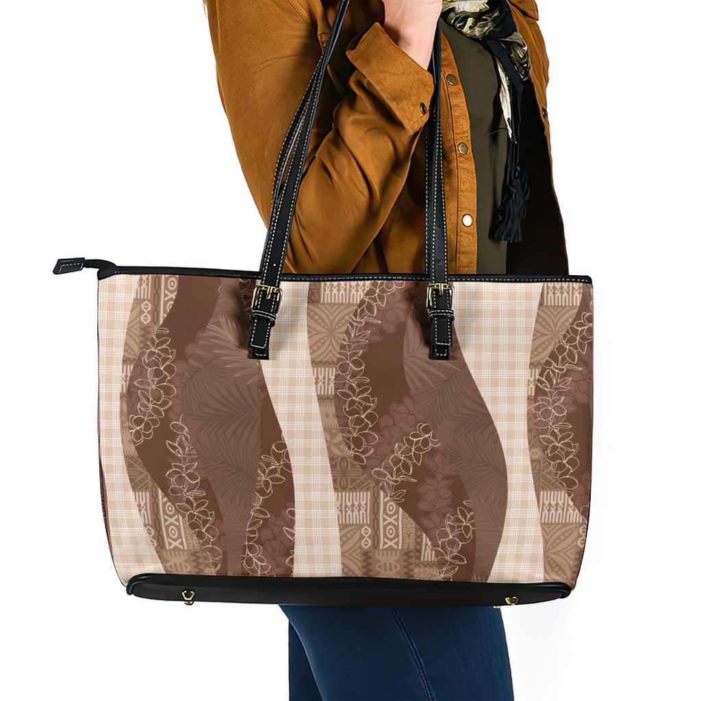 Polynesian Tribal Pattern Patchwork Picturesque Leather Tote Bag Mocha