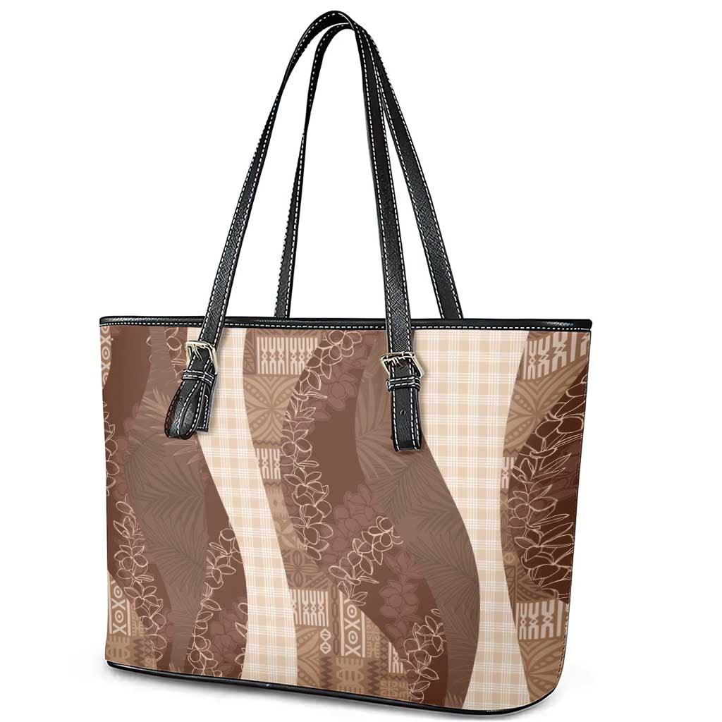 Polynesian Tribal Pattern Patchwork Picturesque Leather Tote Bag Mocha