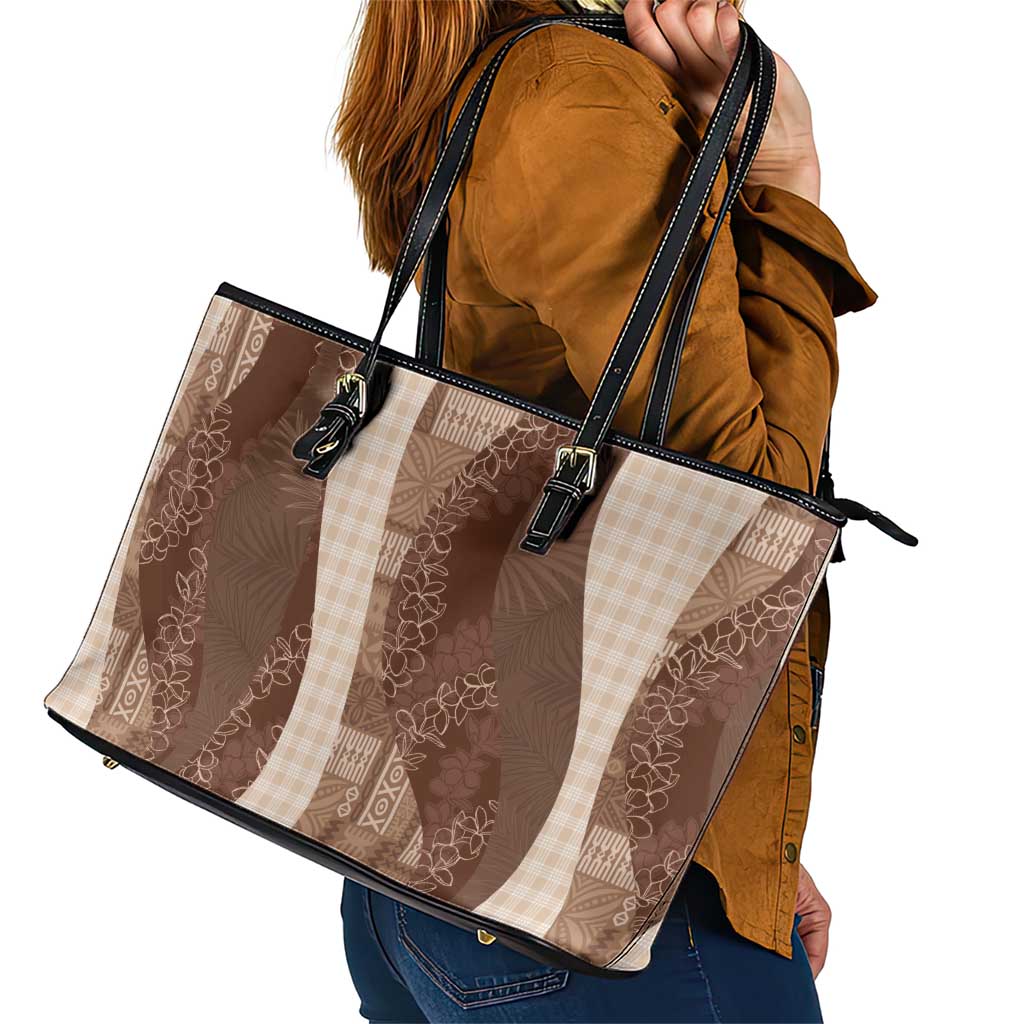 Polynesian Tribal Pattern Patchwork Picturesque Leather Tote Bag Mocha
