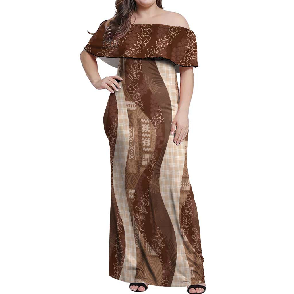 Polynesian Tribal Pattern Patchwork Picturesque Off Shoulder Maxi Dress Mocha