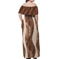 Polynesian Tribal Pattern Patchwork Picturesque Off Shoulder Maxi Dress Mocha
