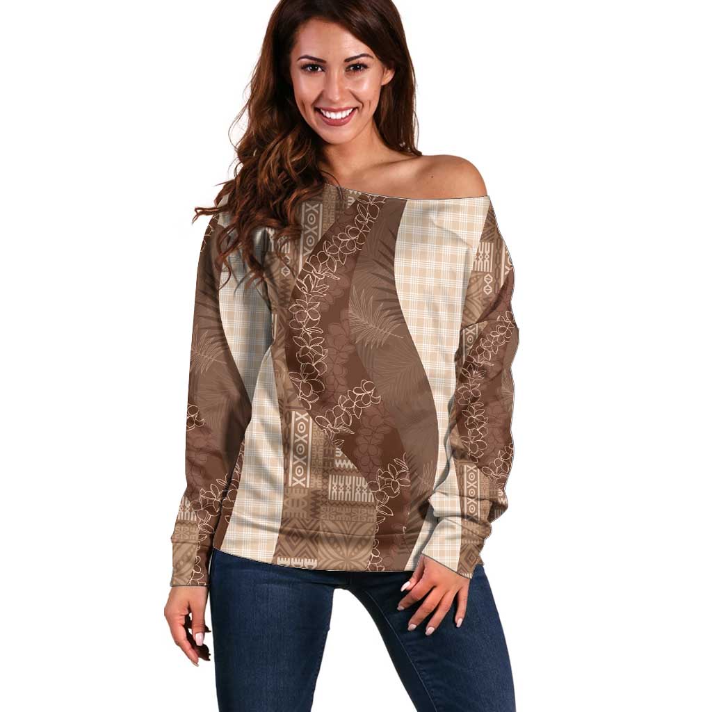 Polynesian Tribal Pattern Patchwork Picturesque Off Shoulder Sweater Mocha