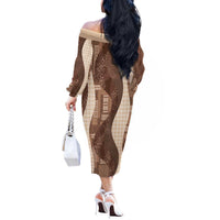 Polynesian Tribal Pattern Patchwork Picturesque Off The Shoulder Long Sleeve Dress Mocha