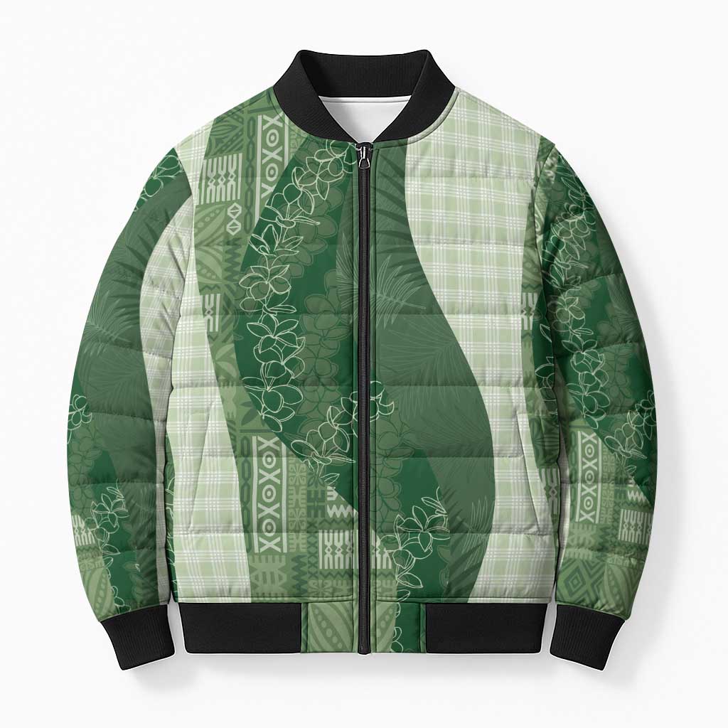 Polynesian Tribal Pattern Patchwork Picturesque Bomber Puffer Jacket Sage Green