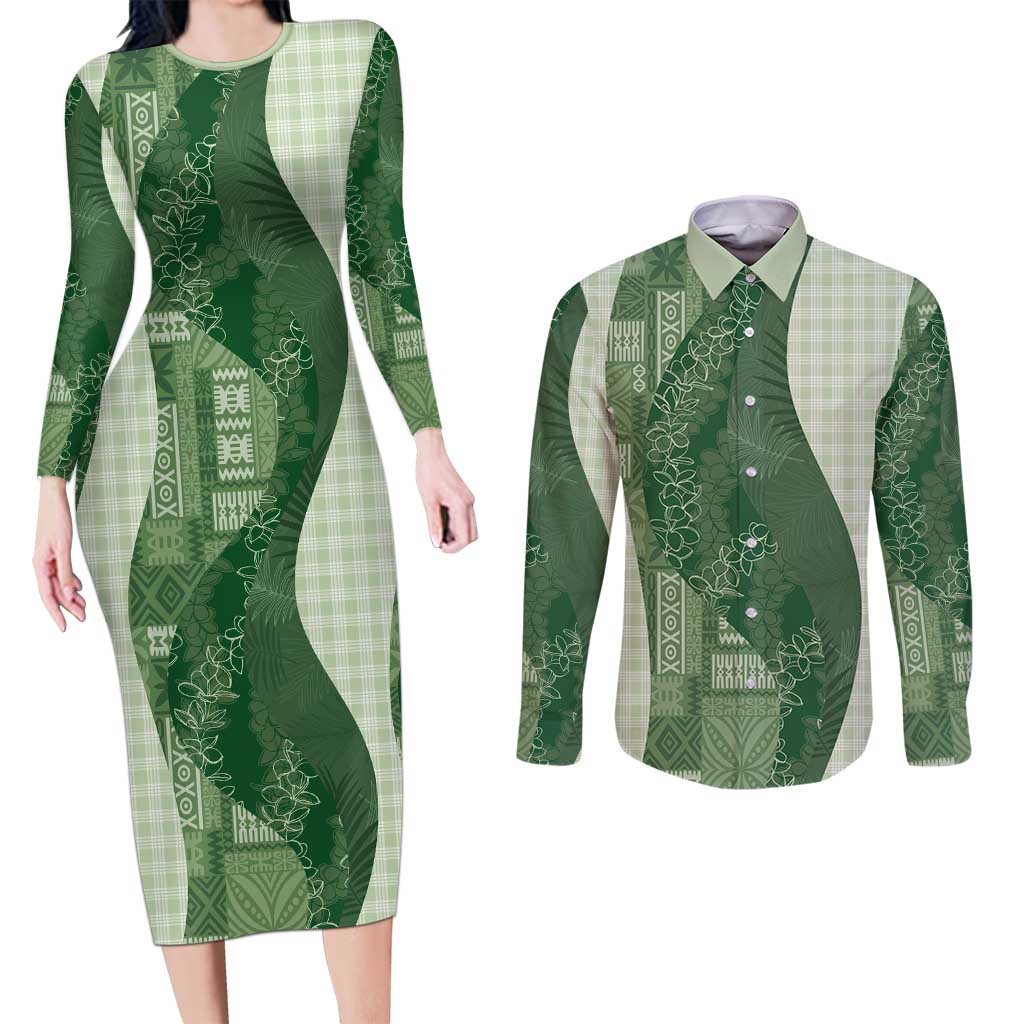Polynesian Tribal Pattern Patchwork Picturesque Couples Matching Long Sleeve Bodycon Dress and Long Sleeve Button Shirt Sage Green