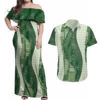 Polynesian Tribal Pattern Patchwork Picturesque Couples Matching Off Shoulder Maxi Dress and Hawaiian Shirt Sage Green