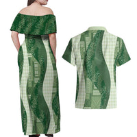 Polynesian Tribal Pattern Patchwork Picturesque Couples Matching Off Shoulder Maxi Dress and Hawaiian Shirt Sage Green