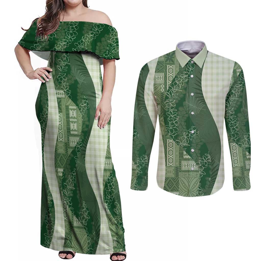 Polynesian Tribal Pattern Patchwork Picturesque Couples Matching Off Shoulder Maxi Dress and Long Sleeve Button Shirt Sage Green