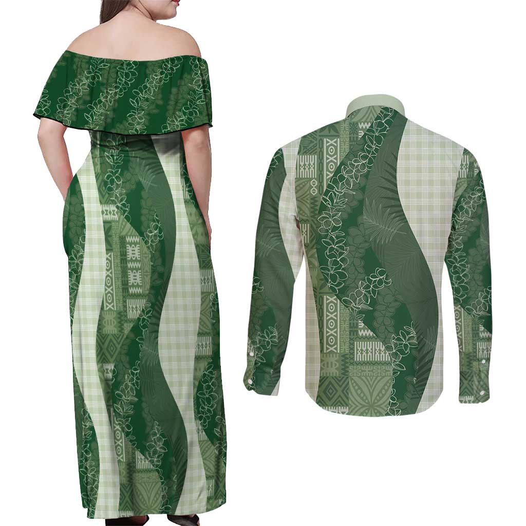 Polynesian Tribal Pattern Patchwork Picturesque Couples Matching Off Shoulder Maxi Dress and Long Sleeve Button Shirt Sage Green