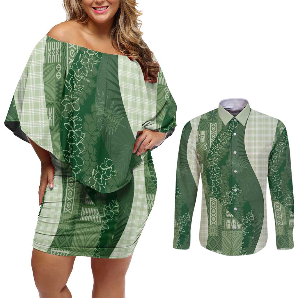 Polynesian Tribal Pattern Patchwork Picturesque Couples Matching Off Shoulder Short Dress and Long Sleeve Button Shirt Sage Green