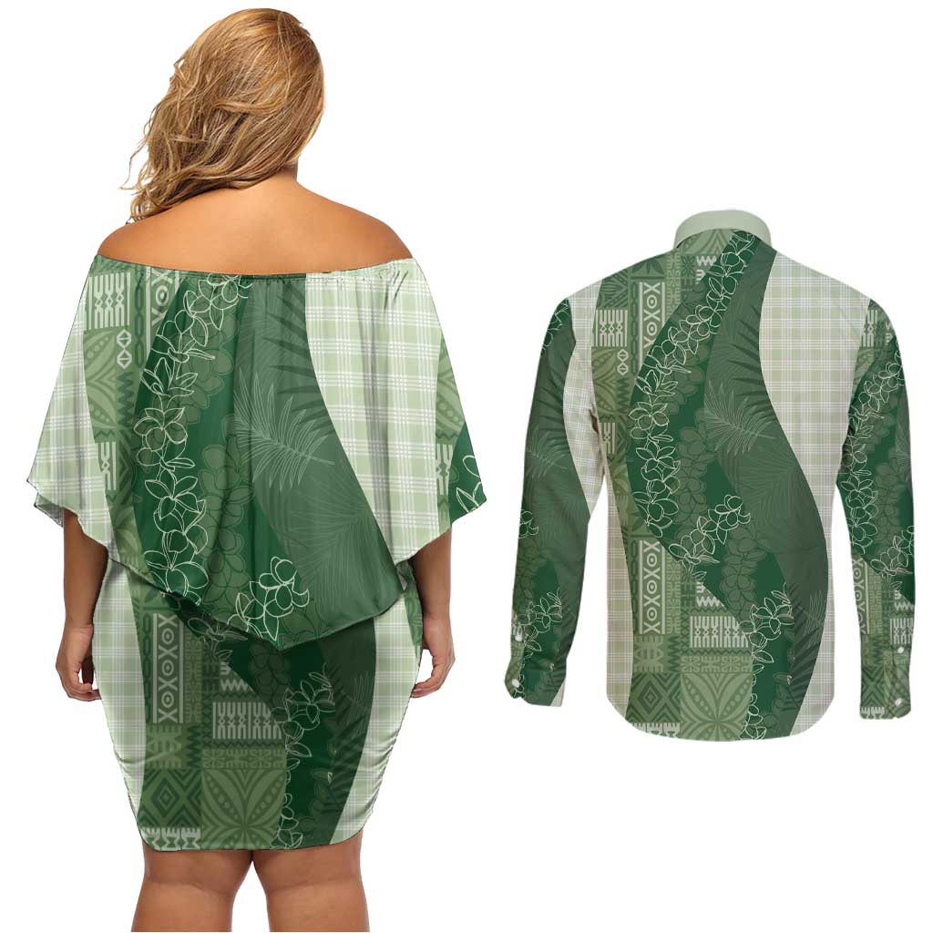 Polynesian Tribal Pattern Patchwork Picturesque Couples Matching Off Shoulder Short Dress and Long Sleeve Button Shirt Sage Green