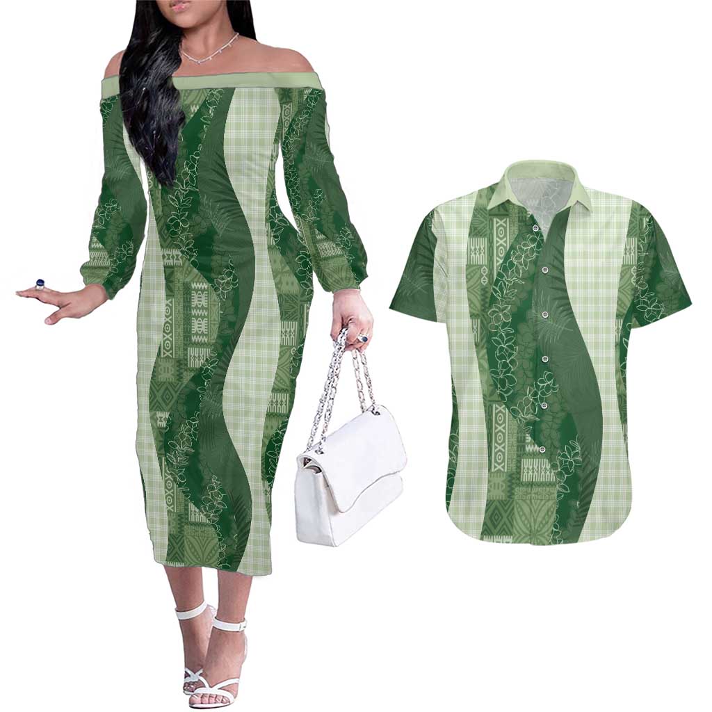 Polynesian Tribal Pattern Patchwork Picturesque Couples Matching Off The Shoulder Long Sleeve Dress and Hawaiian Shirt Sage Green LT7 Sage Green - Polynesian Pride