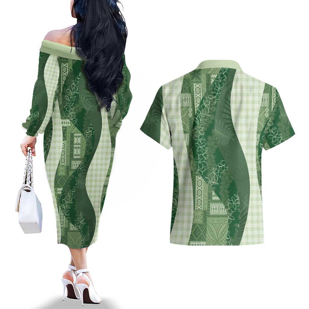Polynesian Tribal Pattern Patchwork Picturesque Couples Matching Off The Shoulder Long Sleeve Dress and Hawaiian Shirt Sage Green LT7 - Polynesian Pride