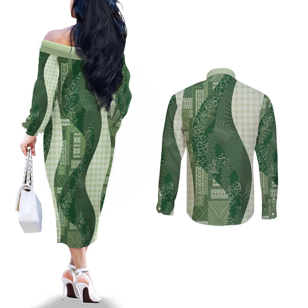 Polynesian Tribal Pattern Patchwork Picturesque Couples Matching Off The Shoulder Long Sleeve Dress and Long Sleeve Button Shirt Sage Green