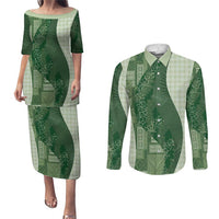 Polynesian Tribal Pattern Patchwork Picturesque Couples Matching Puletasi and Long Sleeve Button Shirt Sage Green