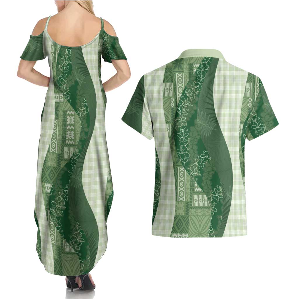 Polynesian Tribal Pattern Patchwork Picturesque Couples Matching Summer Maxi Dress and Hawaiian Shirt Sage Green