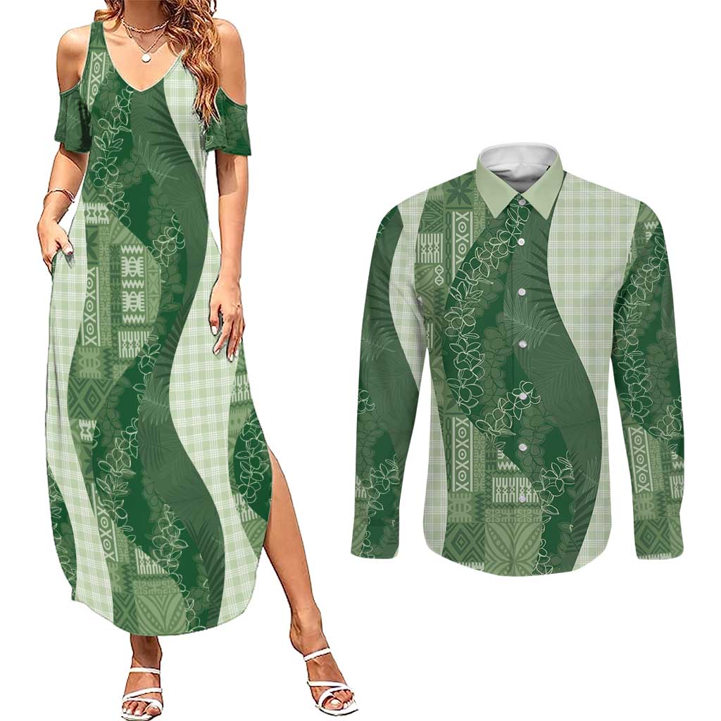 Polynesian Tribal Pattern Patchwork Picturesque Couples Matching Summer Maxi Dress and Long Sleeve Button Shirt Sage Green LT7 Sage Green - Polynesian Pride