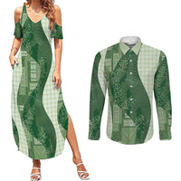 Polynesian Tribal Pattern Patchwork Picturesque Couples Matching Summer Maxi Dress and Long Sleeve Button Shirt Sage Green LT7 Sage Green - Polynesian Pride