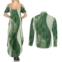 Polynesian Tribal Pattern Patchwork Picturesque Couples Matching Summer Maxi Dress and Long Sleeve Button Shirt Sage Green LT7 - Polynesian Pride