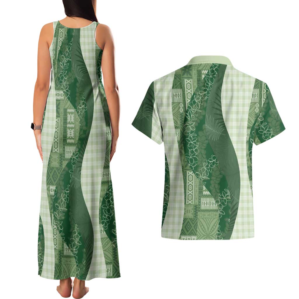 Polynesian Tribal Pattern Patchwork Picturesque Couples Matching Tank Maxi Dress and Hawaiian Shirt Sage Green