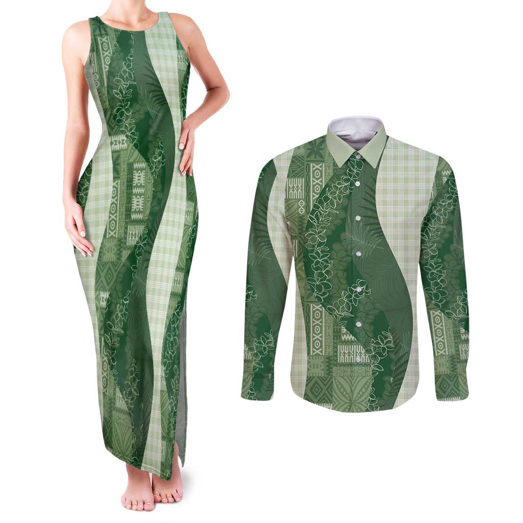 Polynesian Tribal Pattern Patchwork Picturesque Couples Matching Tank Maxi Dress and Long Sleeve Button Shirt Sage Green LT7 Sage Green - Polynesian Pride