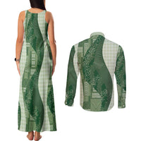 Polynesian Tribal Pattern Patchwork Picturesque Couples Matching Tank Maxi Dress and Long Sleeve Button Shirt Sage Green LT7 - Polynesian Pride