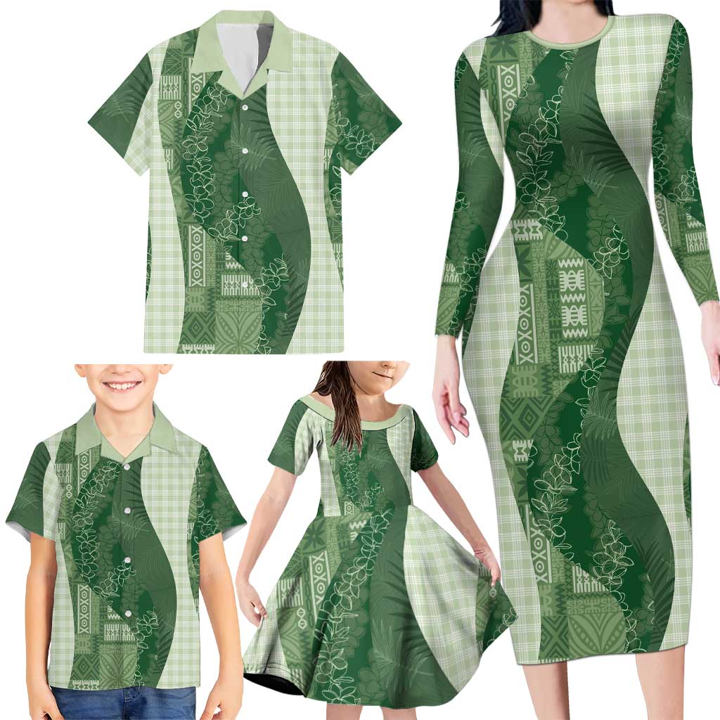 Polynesian Tribal Pattern Patchwork Picturesque Family Matching Long Sleeve Bodycon Dress and Hawaiian Shirt Sage Green