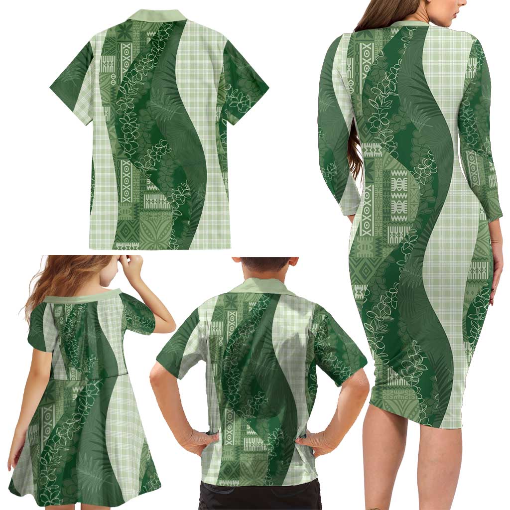 Polynesian Tribal Pattern Patchwork Picturesque Family Matching Long Sleeve Bodycon Dress and Hawaiian Shirt Sage Green