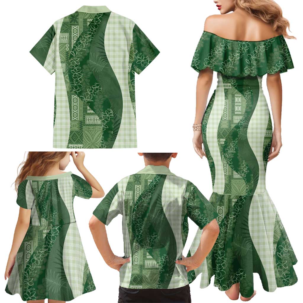 Polynesian Tribal Pattern Patchwork Picturesque Family Matching Mermaid Dress and Hawaiian Shirt Sage Green