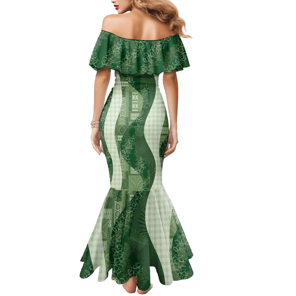 Polynesian Tribal Pattern Patchwork Picturesque Family Matching Mermaid Dress and Hawaiian Shirt Sage Green