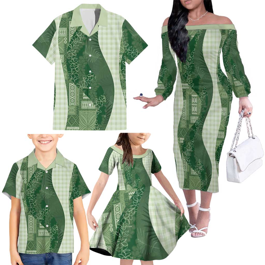 Polynesian Tribal Pattern Patchwork Picturesque Family Matching Off The Shoulder Long Sleeve Dress and Hawaiian Shirt Sage Green