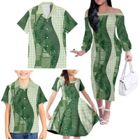 Polynesian Tribal Pattern Patchwork Picturesque Family Matching Off The Shoulder Long Sleeve Dress and Hawaiian Shirt Sage Green