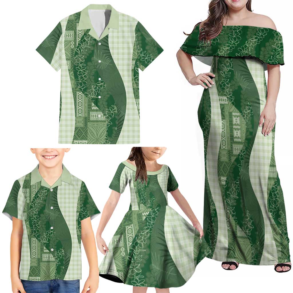 Polynesian Tribal Pattern Patchwork Picturesque Family Matching Off Shoulder Maxi Dress and Hawaiian Shirt Sage Green