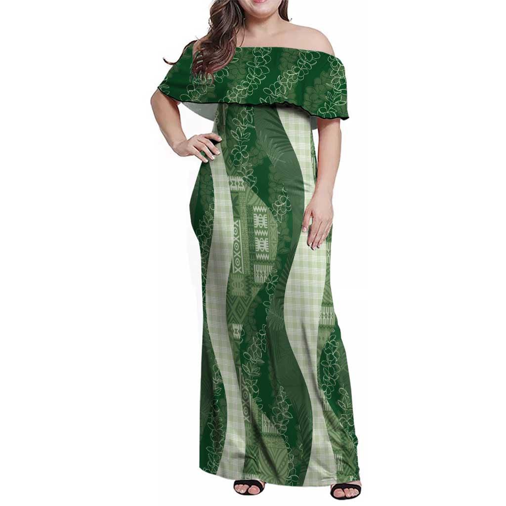 Polynesian Tribal Pattern Patchwork Picturesque Family Matching Off Shoulder Maxi Dress and Hawaiian Shirt Sage Green