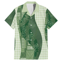 Polynesian Tribal Pattern Patchwork Picturesque Family Matching Off Shoulder Short Dress and Hawaiian Shirt Sage Green