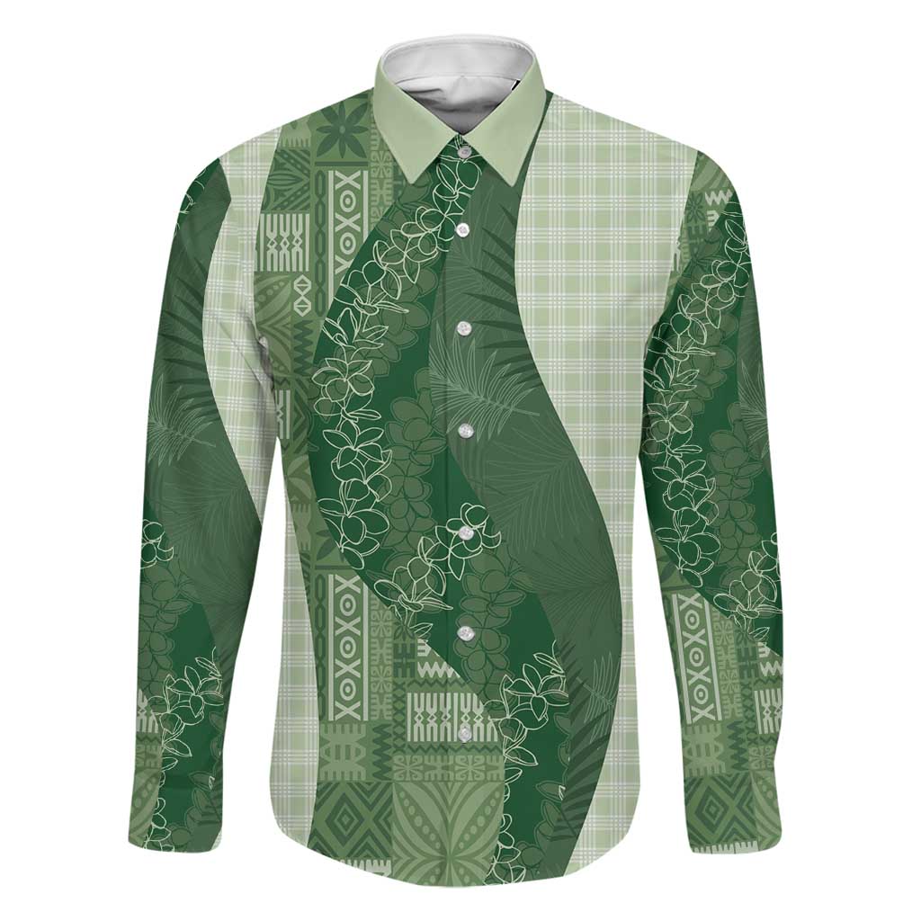 Polynesian Tribal Pattern Patchwork Picturesque Family Matching Off Shoulder Short Dress and Hawaiian Shirt Sage Green