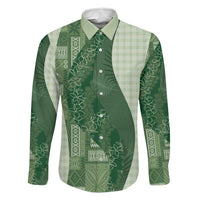 Polynesian Tribal Pattern Patchwork Picturesque Family Matching Off Shoulder Short Dress and Hawaiian Shirt Sage Green