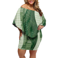 Polynesian Tribal Pattern Patchwork Picturesque Family Matching Off Shoulder Short Dress and Hawaiian Shirt Sage Green