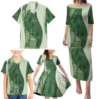 Polynesian Tribal Pattern Patchwork Picturesque Family Matching Puletasi and Hawaiian Shirt Sage Green