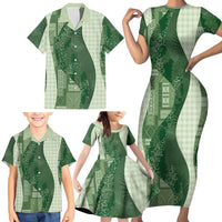 Polynesian Tribal Pattern Patchwork Picturesque Family Matching Short Sleeve Bodycon Dress and Hawaiian Shirt Sage Green