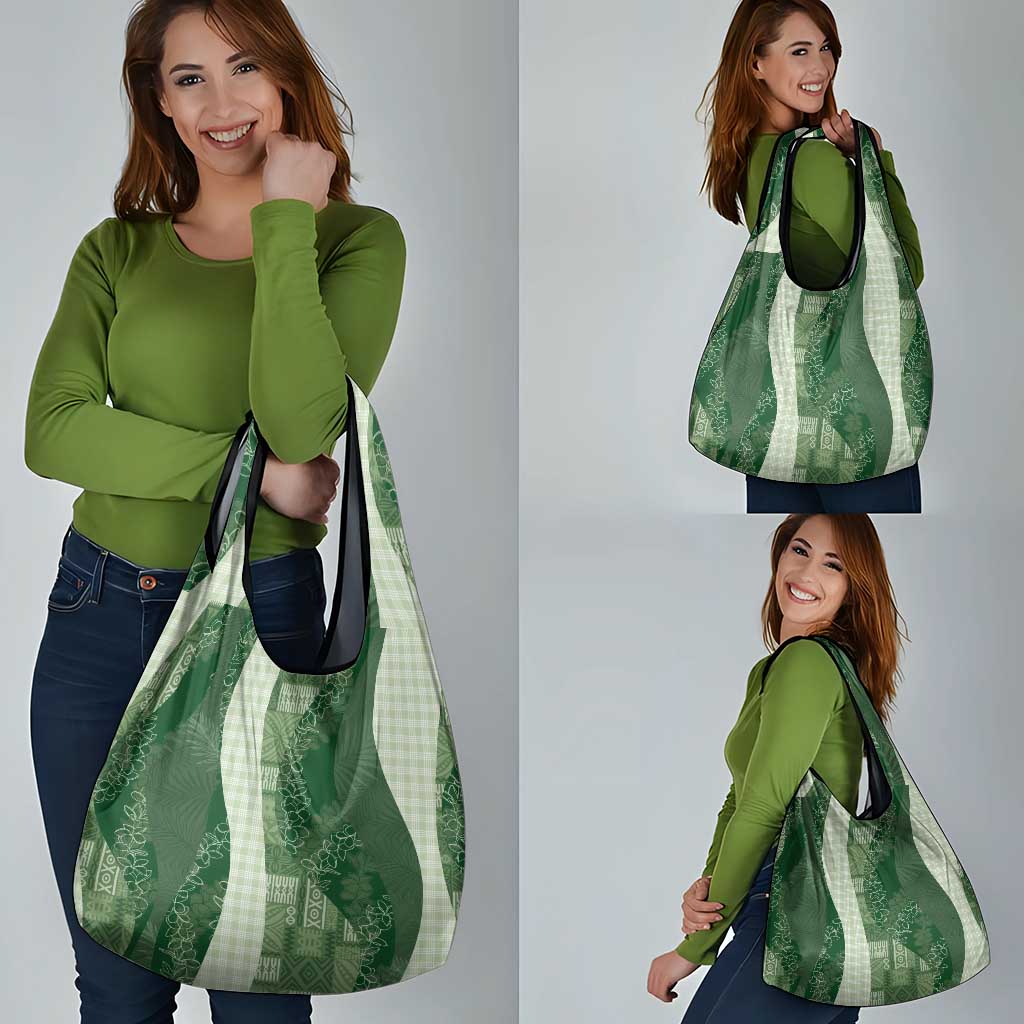 Polynesian Tribal Pattern Patchwork Picturesque Grocery Bag Sage Green