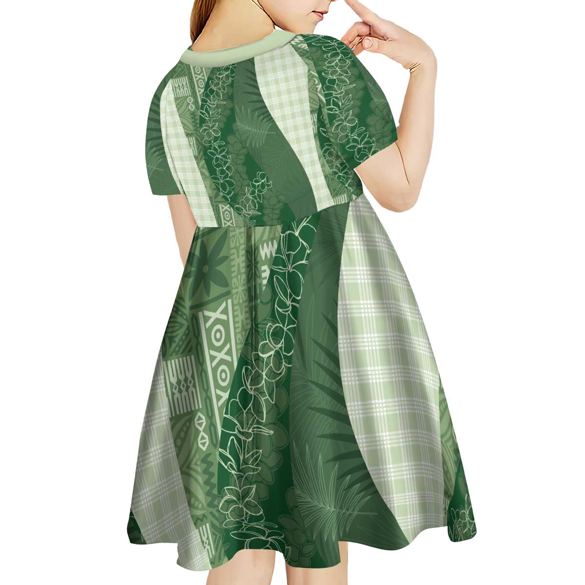 Polynesian Tribal Pattern Patchwork Picturesque Kid Short Sleeve Dress Sage Green
