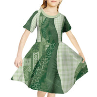 Polynesian Tribal Pattern Patchwork Picturesque Kid Short Sleeve Dress Sage Green