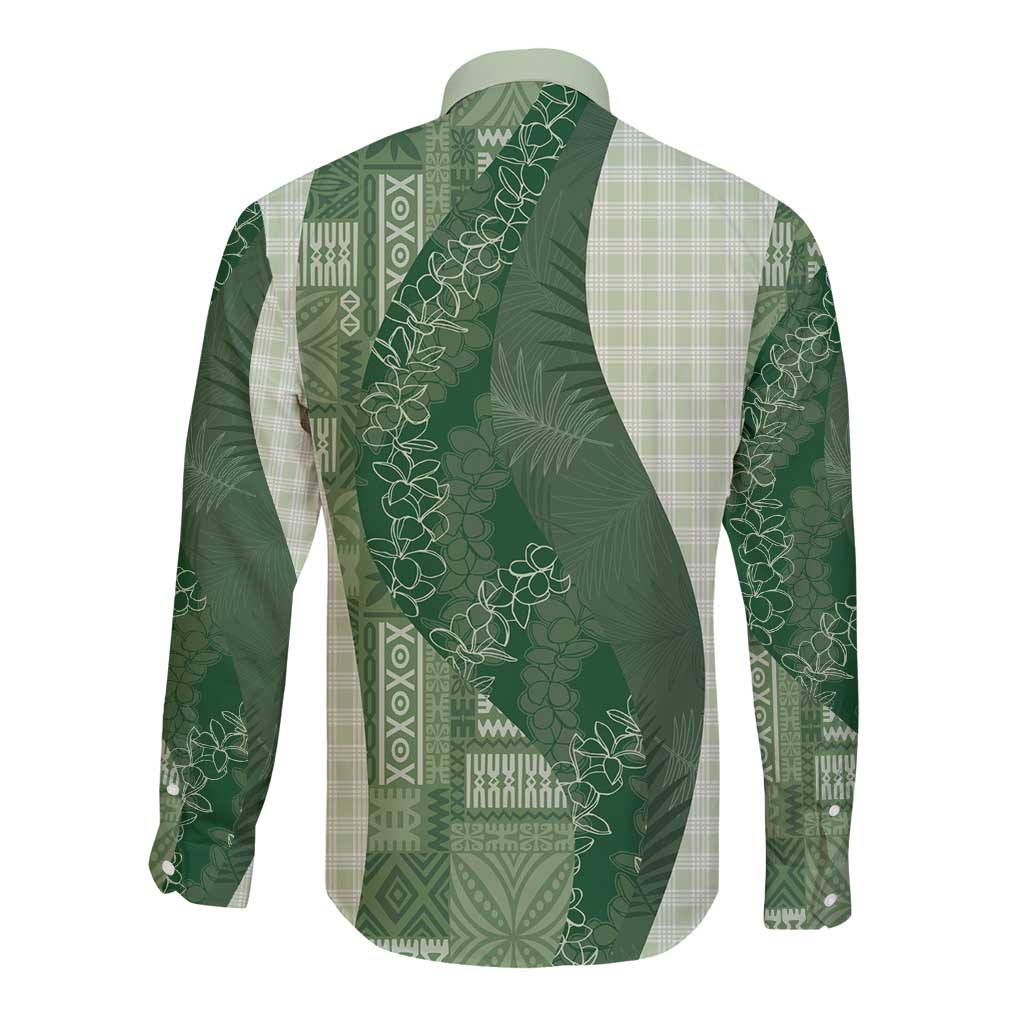 Polynesian Tribal Pattern Patchwork Picturesque Long Sleeve Button Shirt Sage Green