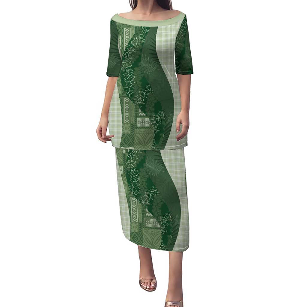 Polynesian Tribal Pattern Patchwork Picturesque Puletasi Sage Green