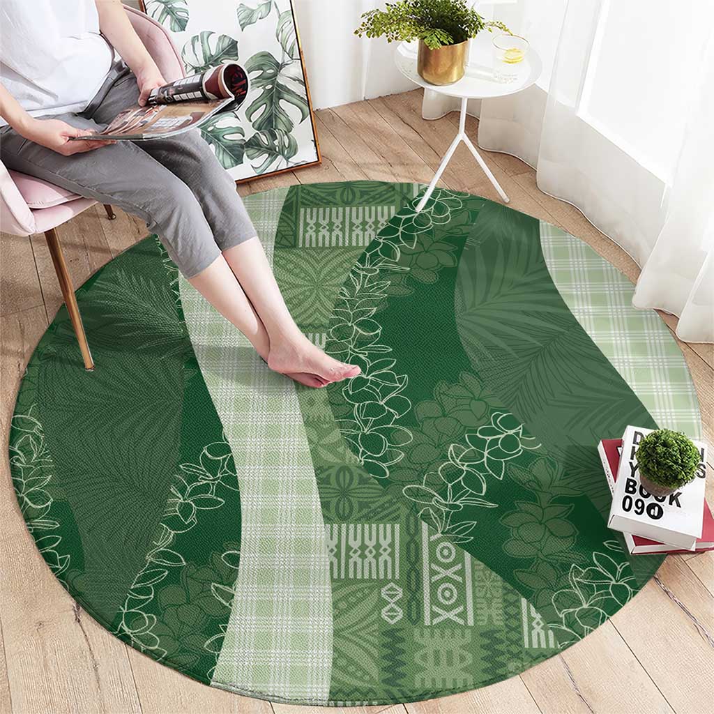 Polynesian Tribal Pattern Patchwork Picturesque Round Carpet Sage Green