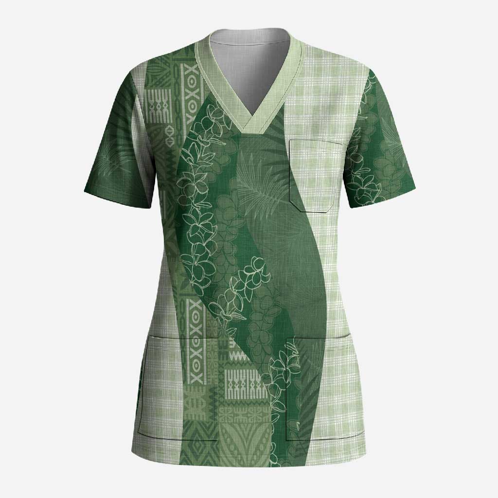 Polynesian Tribal Pattern Patchwork Picturesque Scrub Top Sage Green